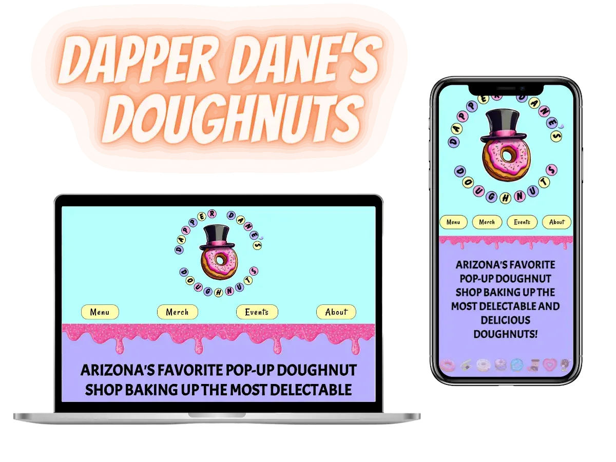 preview of Dapper Dane's Doughnuts landing page displayed on a laptop and mobile phone